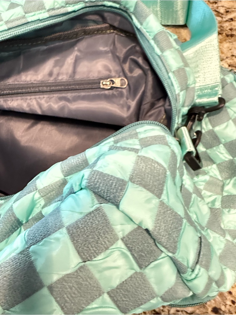 Checkered duffle bag teal gray travel gym school multi pockets - Picture 11 of 15